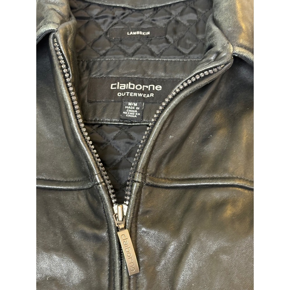 VTG Claiborne Black Genuine Lambskin Leather Quilted Bomber Jacket Mens - Picture 4 of 10
